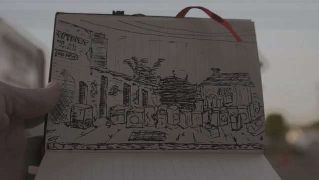 A photograph of a sketch of a yard containing white goods.